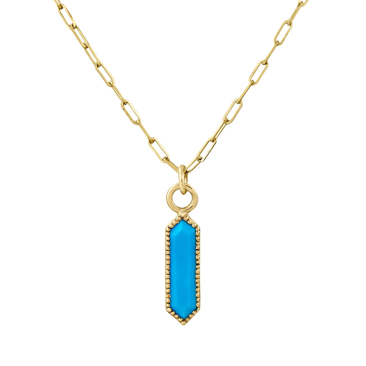 hexagon turquoise pendant with a gold milgrain bezel on a paperclip chain on a white background