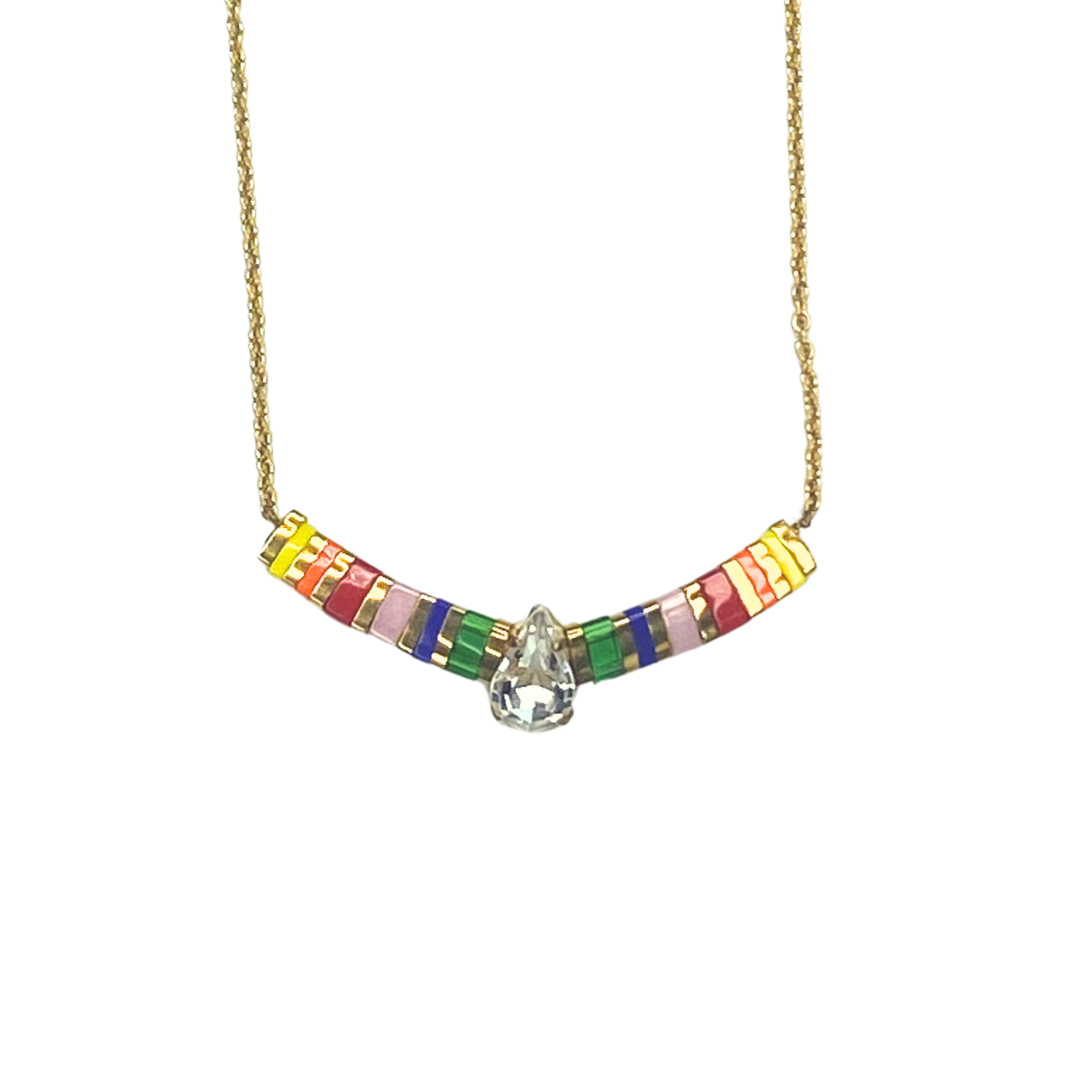 crystal rainbow necklace on white background