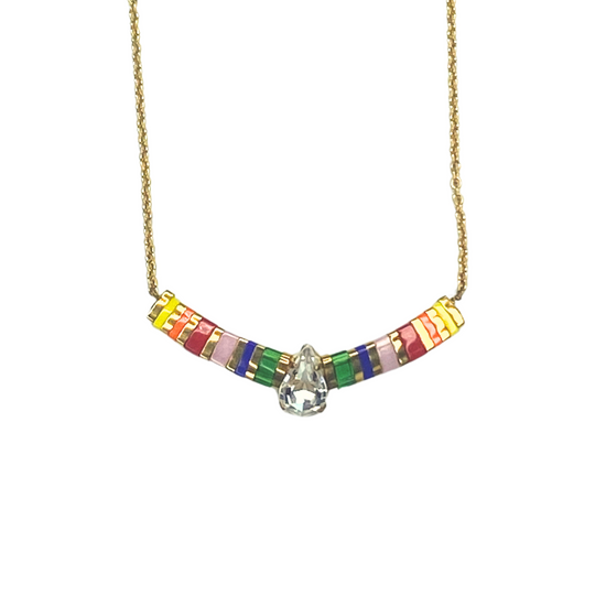 crystal rainbow necklace on white background