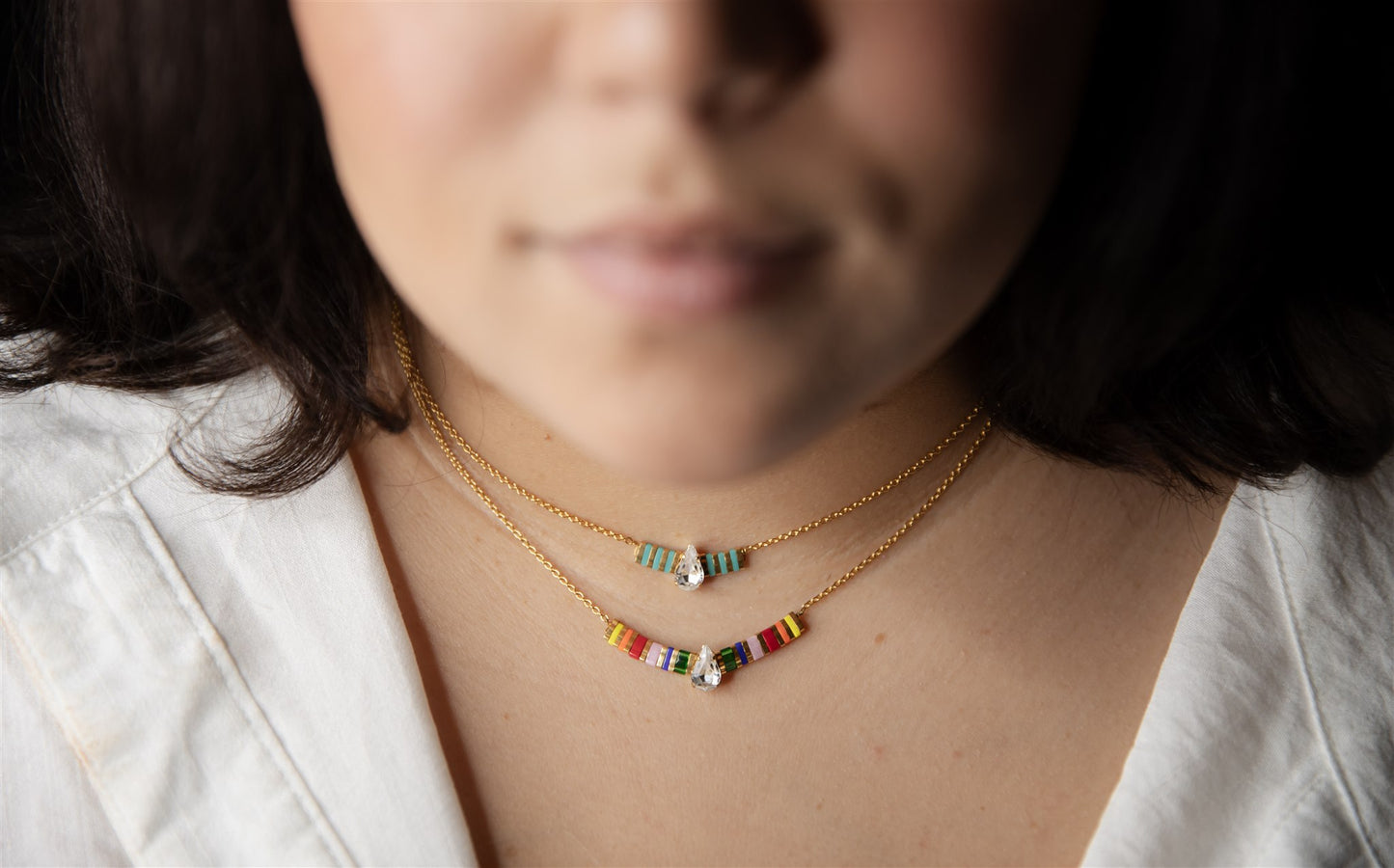 rainbow necklace on model