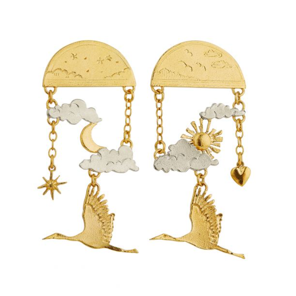 gold and sterling silver dangle stud earrings with sunrise and sunset engraving, chain, moon, star, cloud, and stork details on a white background