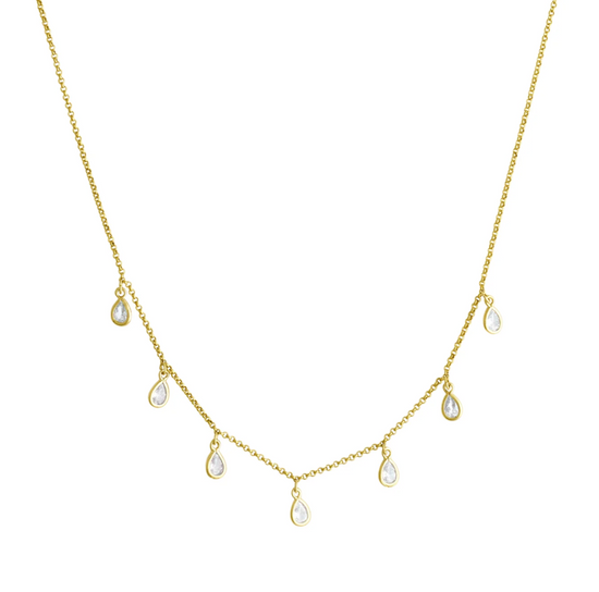gold necklace with 7 pear shaped crystal charms on a white background