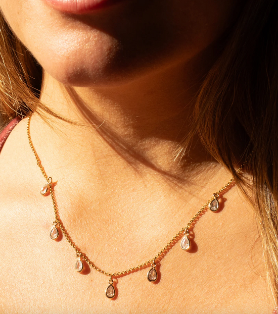 close up of a model wearing the dew drop crystal necklace