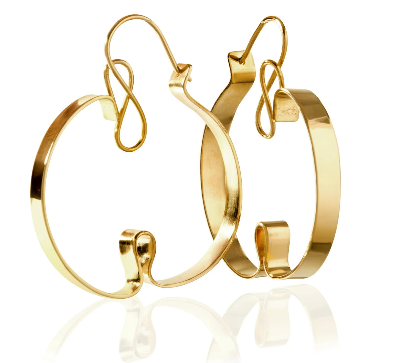curled gold hoop stud earrings angled on a white background