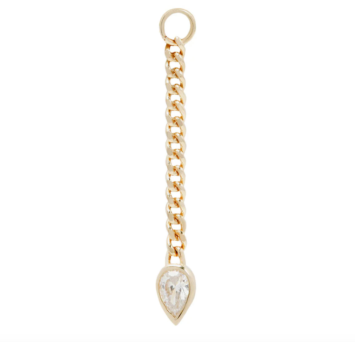 gold chain earring charm with a pear shaped cubic zirconia on a white background