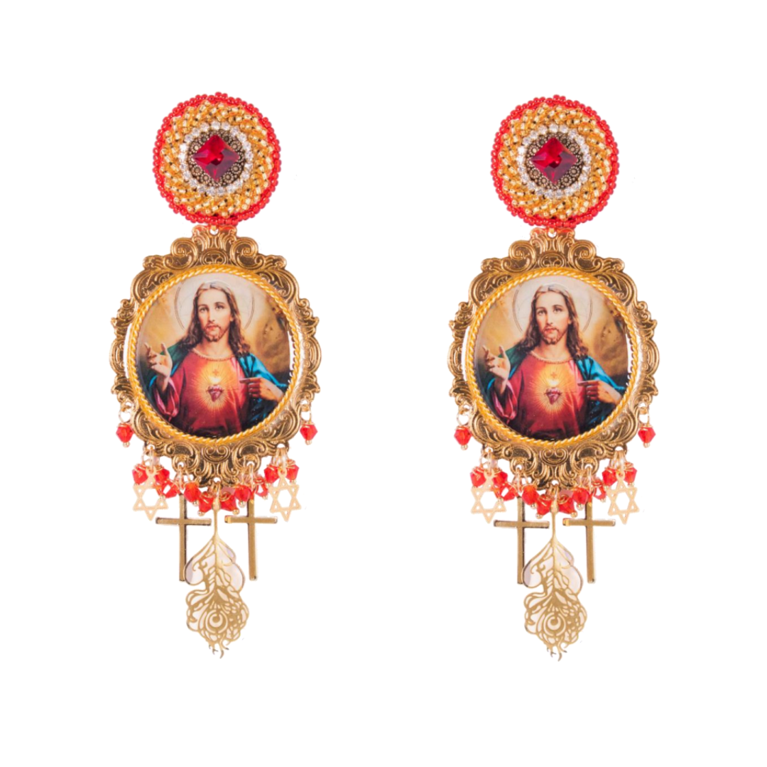 Jesus earrings on white background
