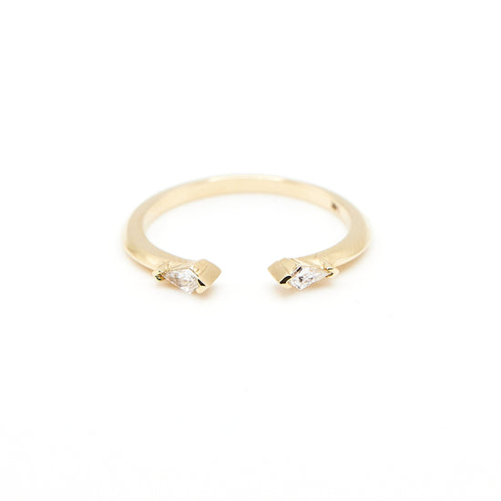 14k yellow gold open band with two kite shaped white diamonds