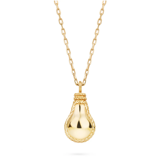gold lightbulb shaped pendant with gold braided details and gold chain on white background