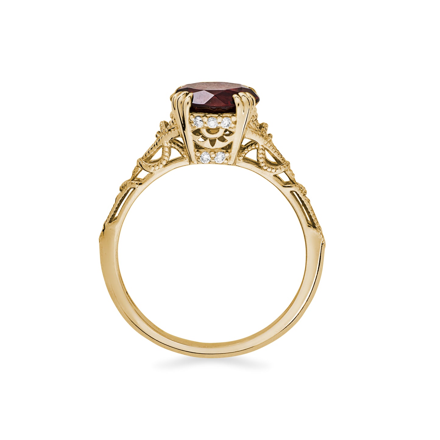 Side view of the Hayley ring in garnet with white background.
