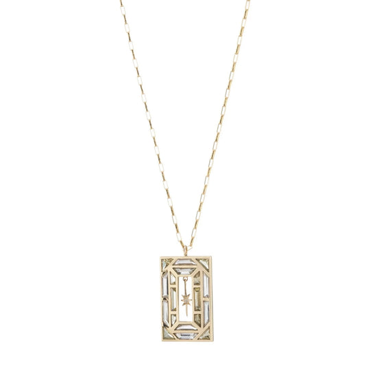 a rectangle shaped crystal, lemon topaz and gold pendant with a gold star and diamond dangle details on a white background