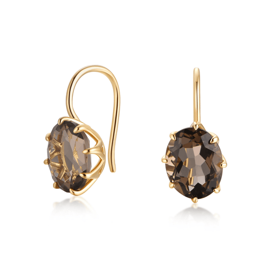 Gold earrings with smoky brown gemstones on a white background