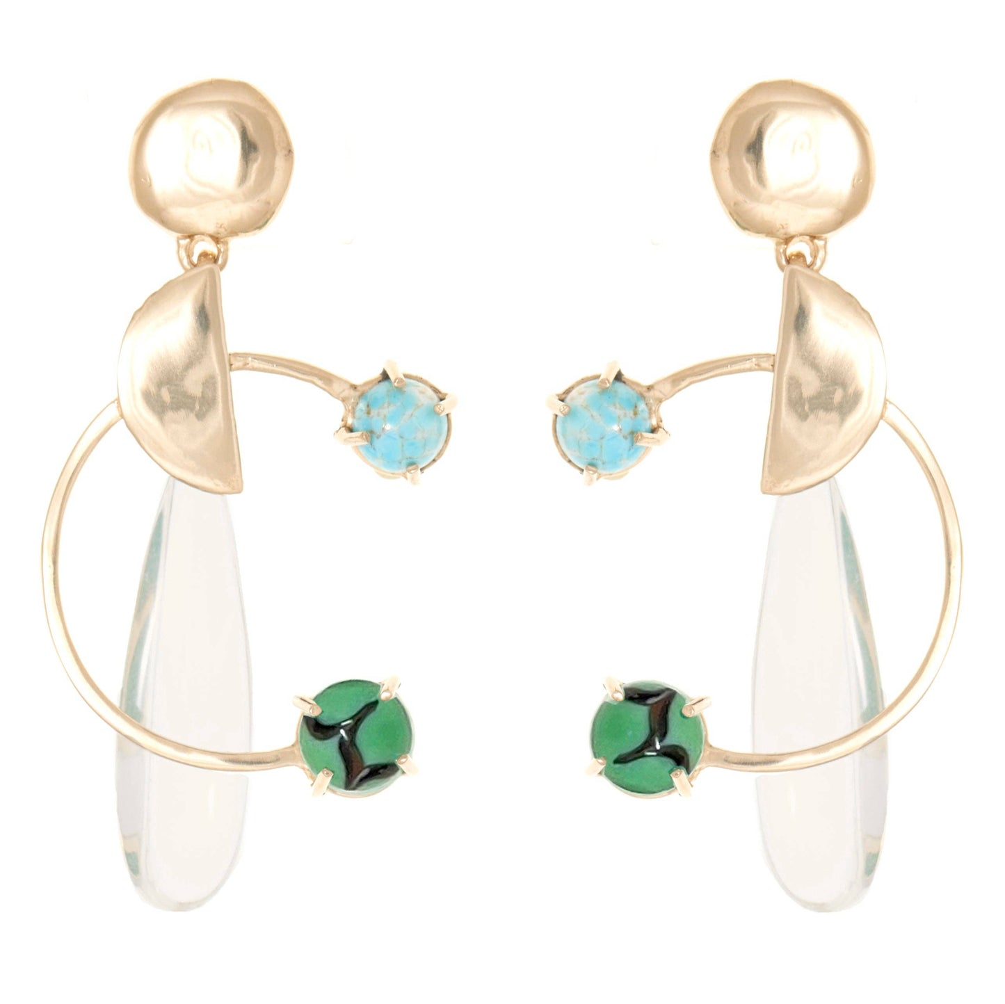 sculptural brass earrings with blue and green glass gems and clear acrylic drops on white background