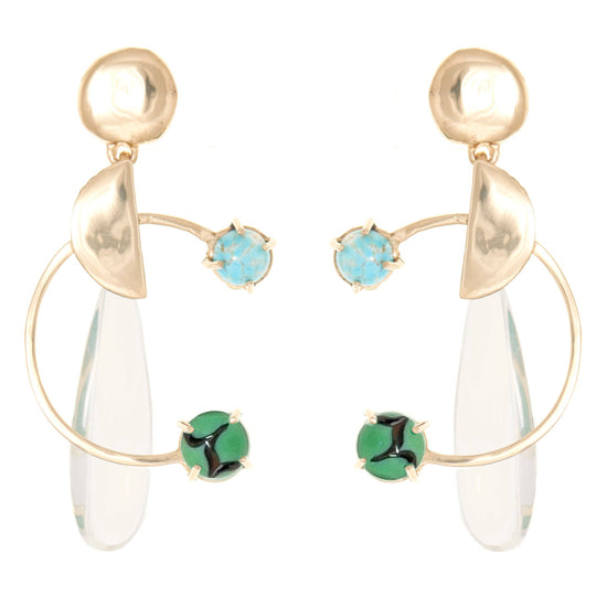 sculptural brass earrings with blue and green glass gems and clear acrylic drops on white background
