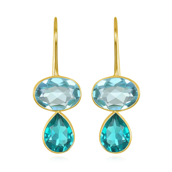 gold earrings with an oval blue quartz and a pear shaped teal quartz on a white background