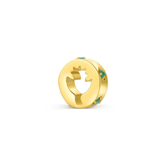 yellow gold circle charm with thistle cut out and emerald details