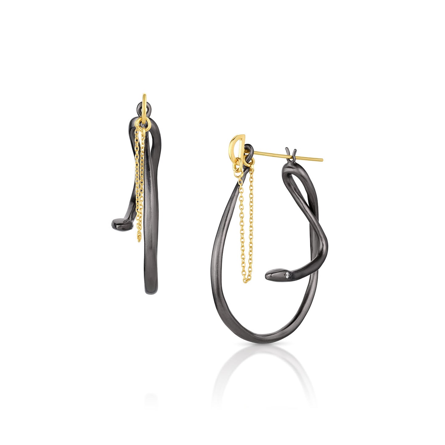 earrings with a gun metal colored snakes in the shape of a hoop with yellow gold bar and chain details on a white background