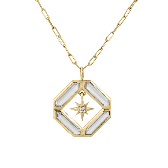 a hexagon shaped open crystal and gold pendant with a dangling gold star with diamond detail on a white background