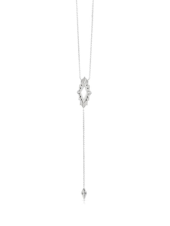 Delicate silver necklace with a diamond pendant on a white background