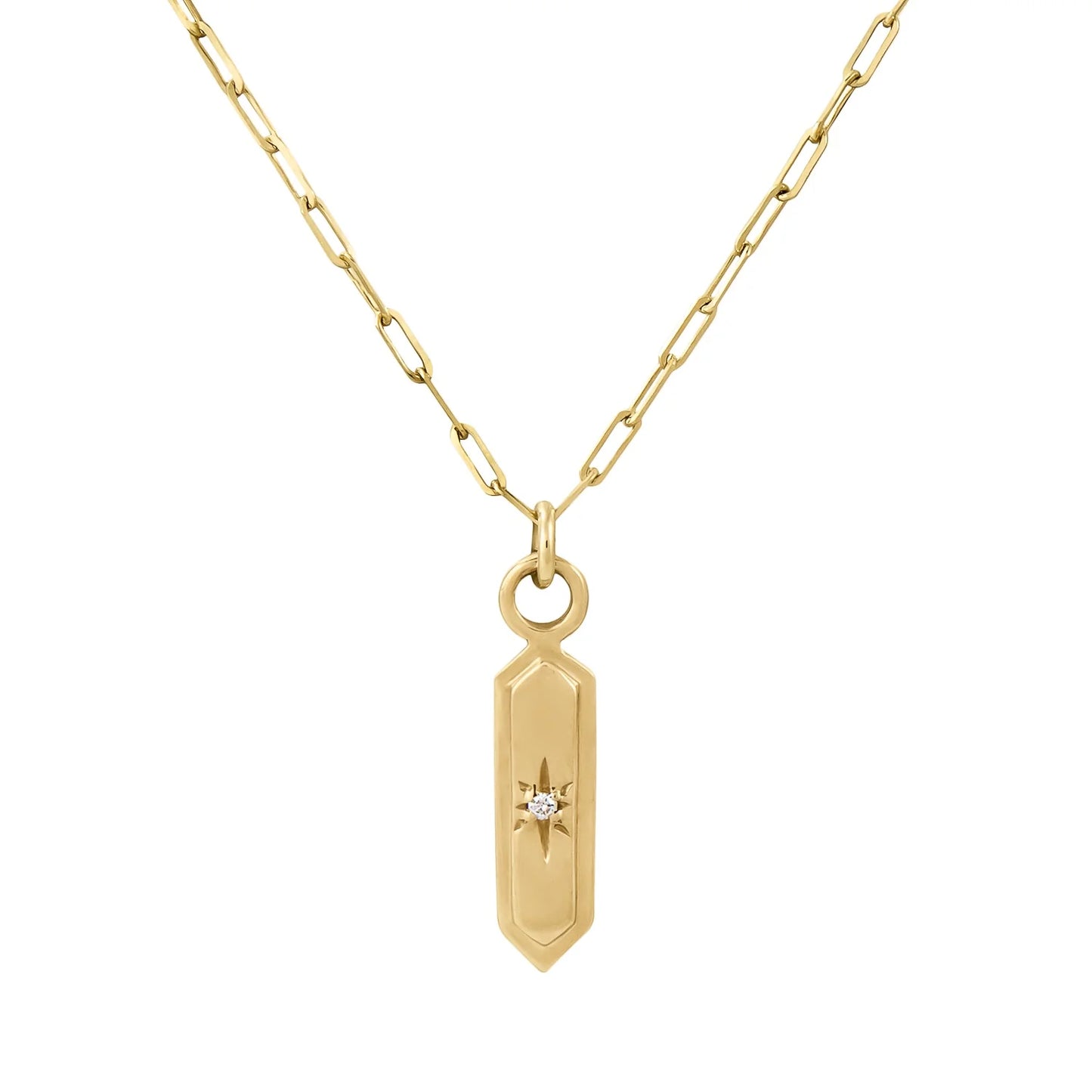 an elongated gold hexagon shaped pendant with a star and diamond detail on a paperclip chain on a white background