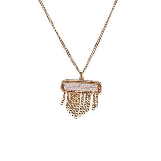 crystal beaded bar pendant with chain tassels on white background