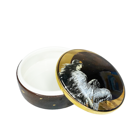 moon angel trinket box with the lid open on a white background