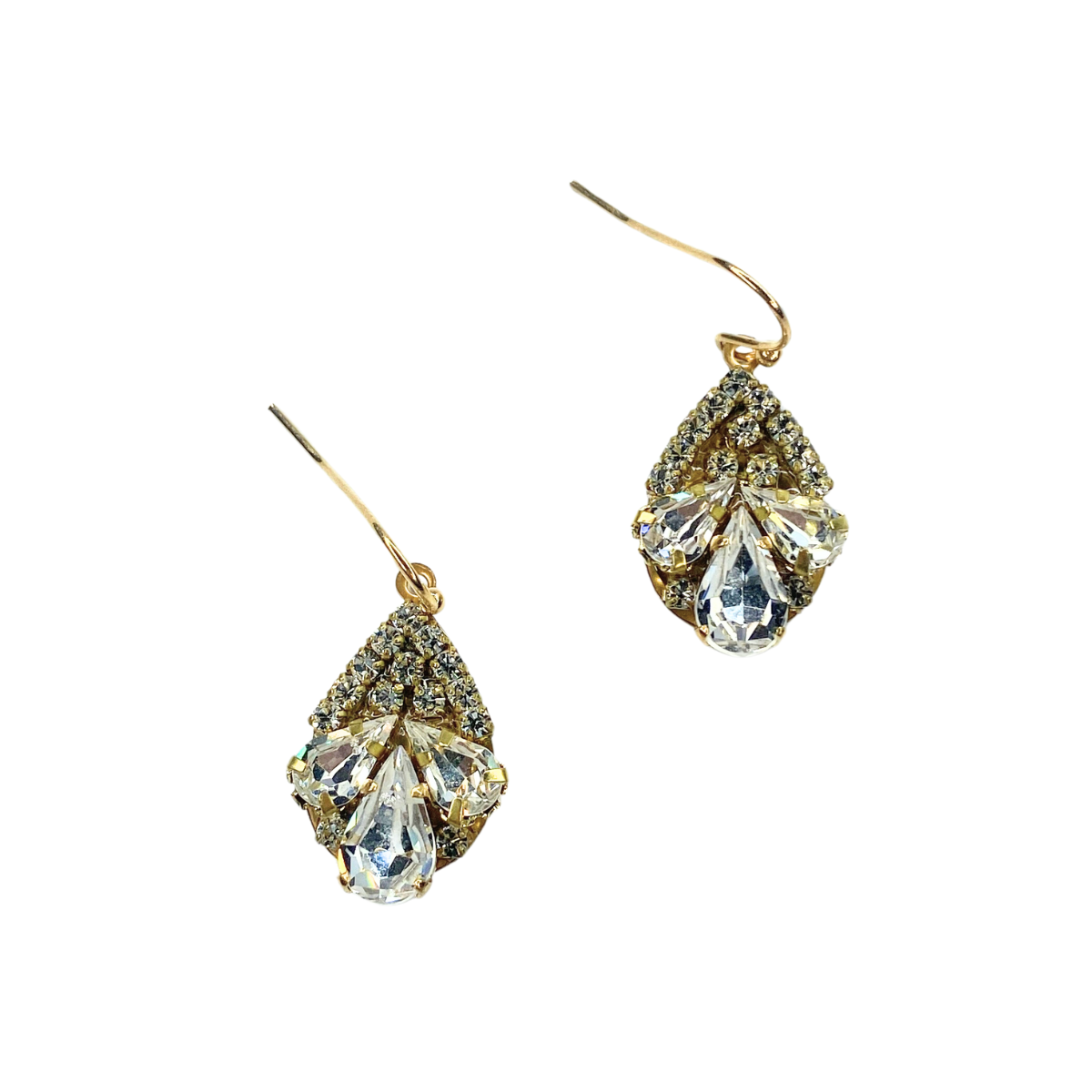 crystal pear dangle earrings on white background