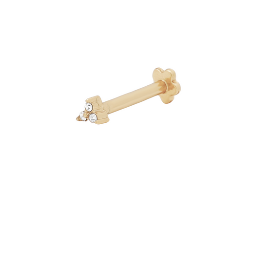 14K solid gold tiny trio stud on white background