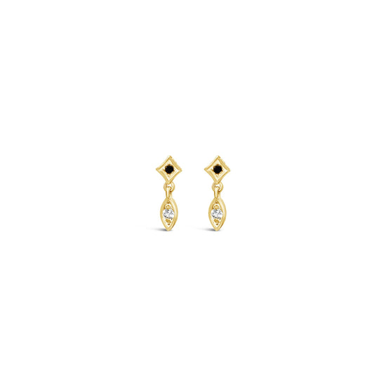 Gold earrings with gemstones on a white background