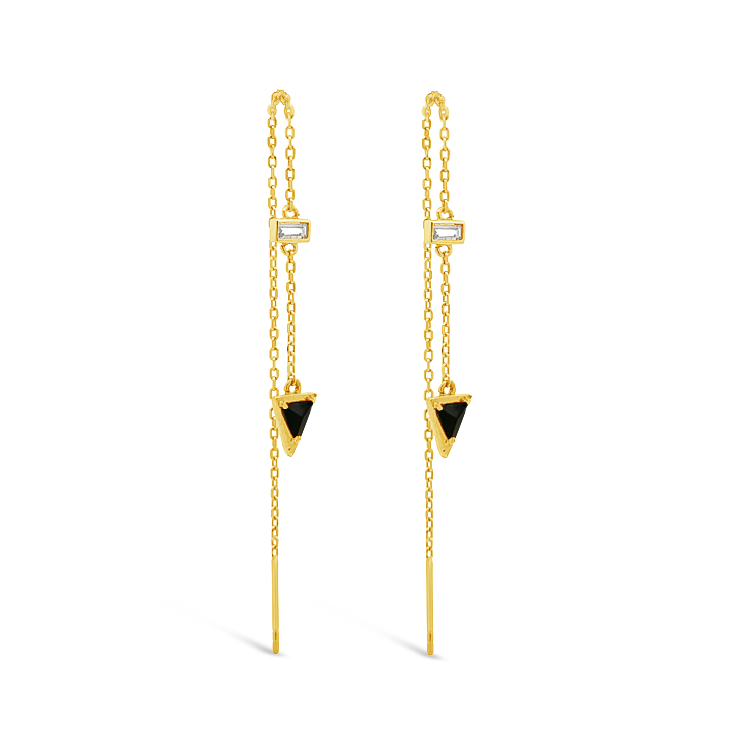 Gold chain earrings with black triangle charms on a white background