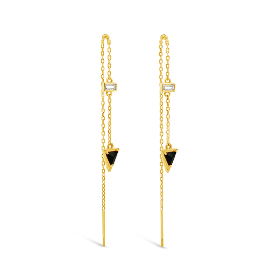 Gold chain earrings with black triangle charms on a white background