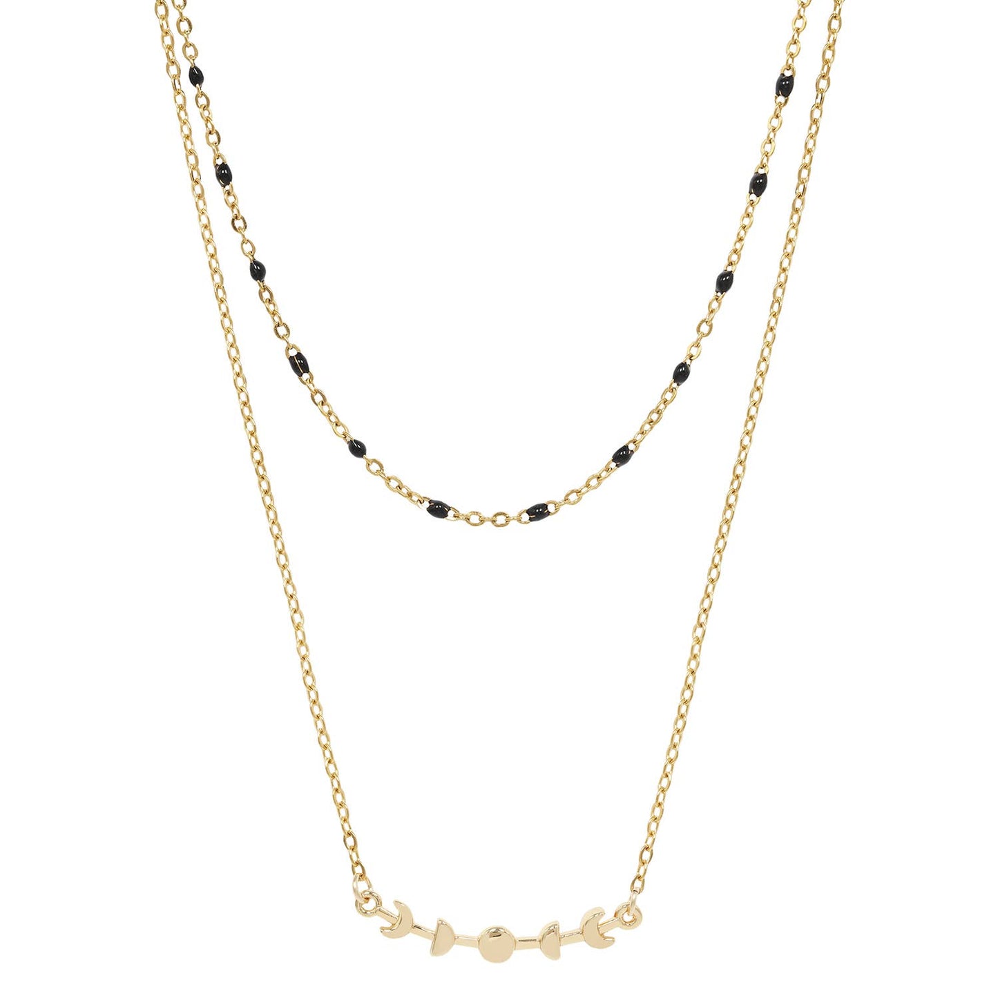 Two gold necklaces with black beads on a white background