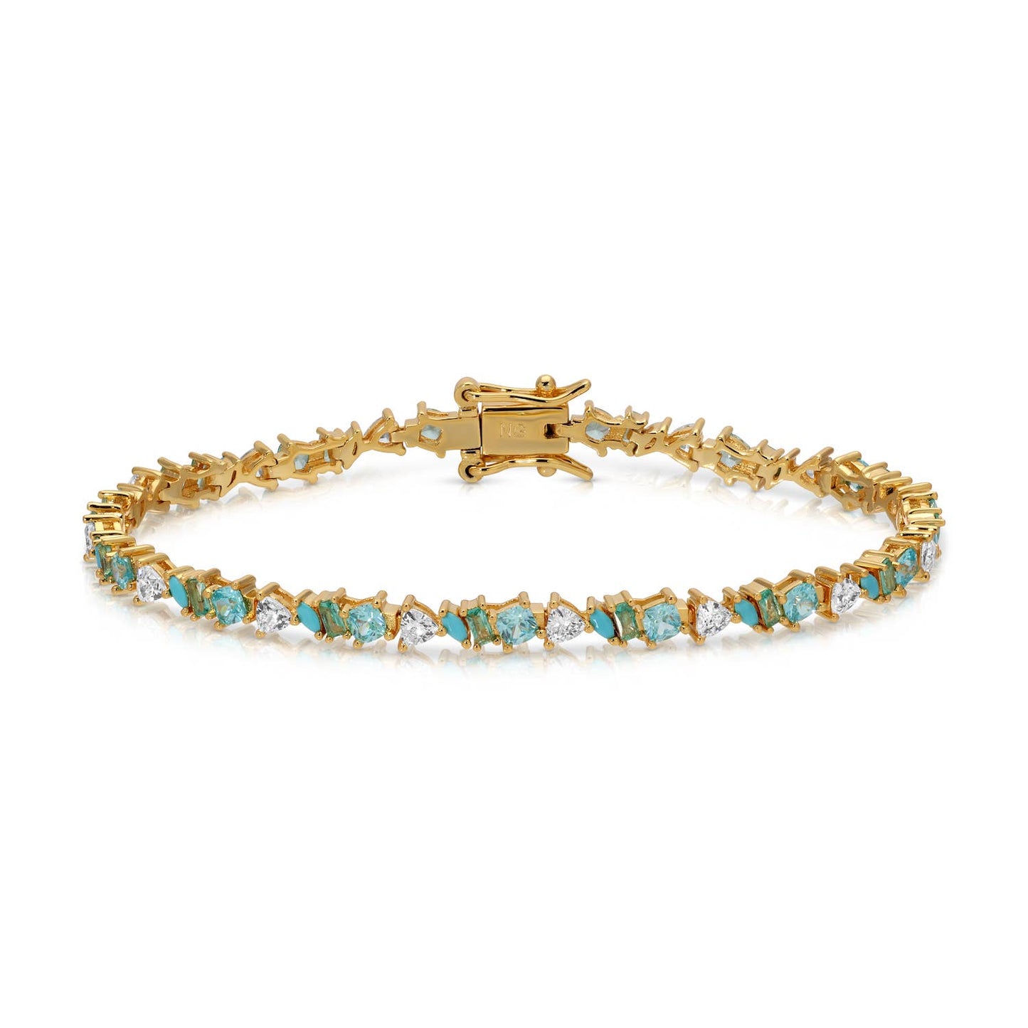 Gold bracelet with turquoise and white gemstones on a white background