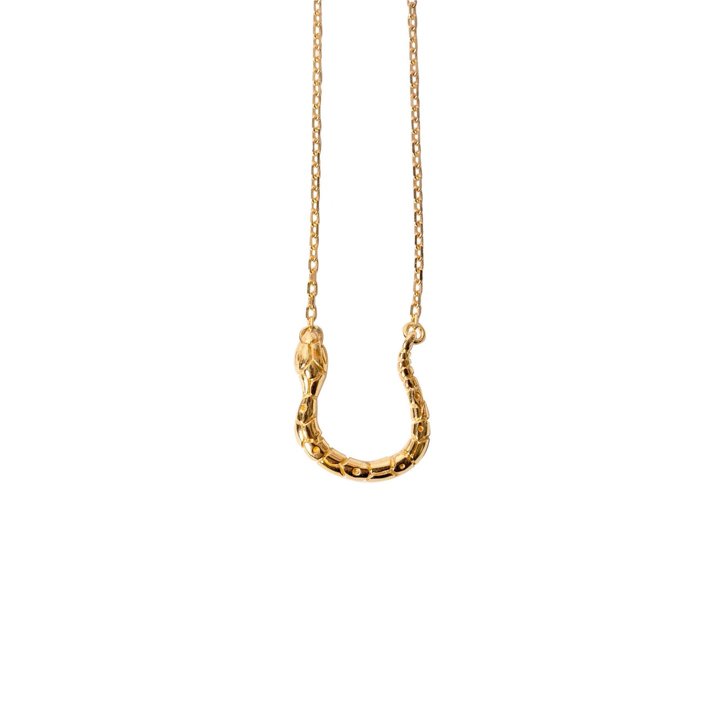 Gold necklace with a unique pendant on a white background