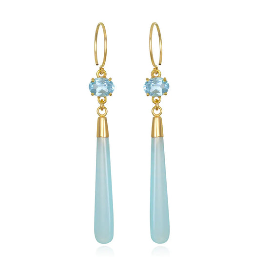 gold earrings featuring an oval sky blue topaz is prong set with a chalcedony drop on a white background