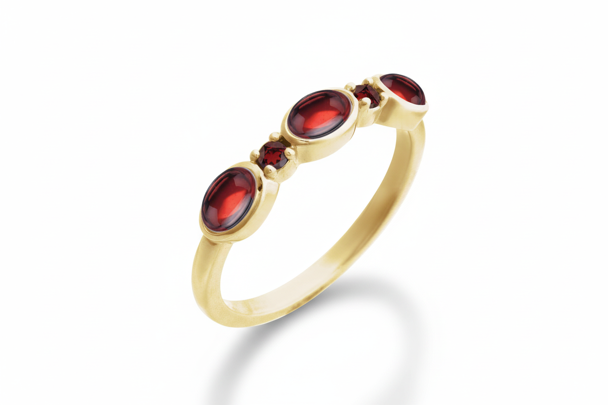 Gold ring with red gemstones on a white background