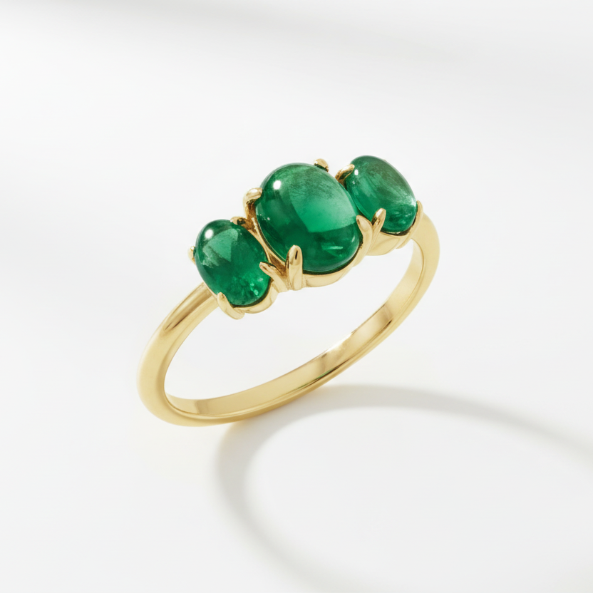 Gold ring with three green gemstones on a white background