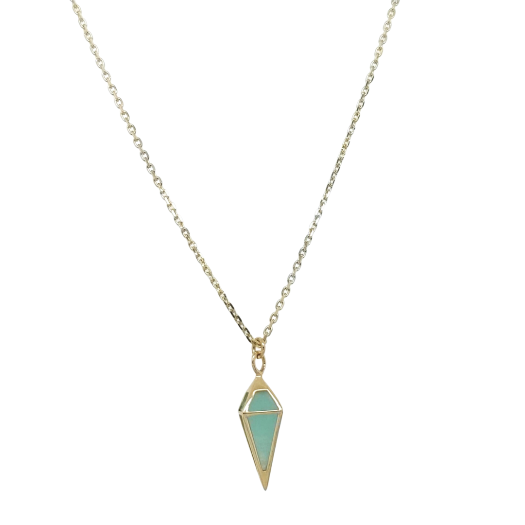 a gold pendulum pendant with amazonite details on a white background