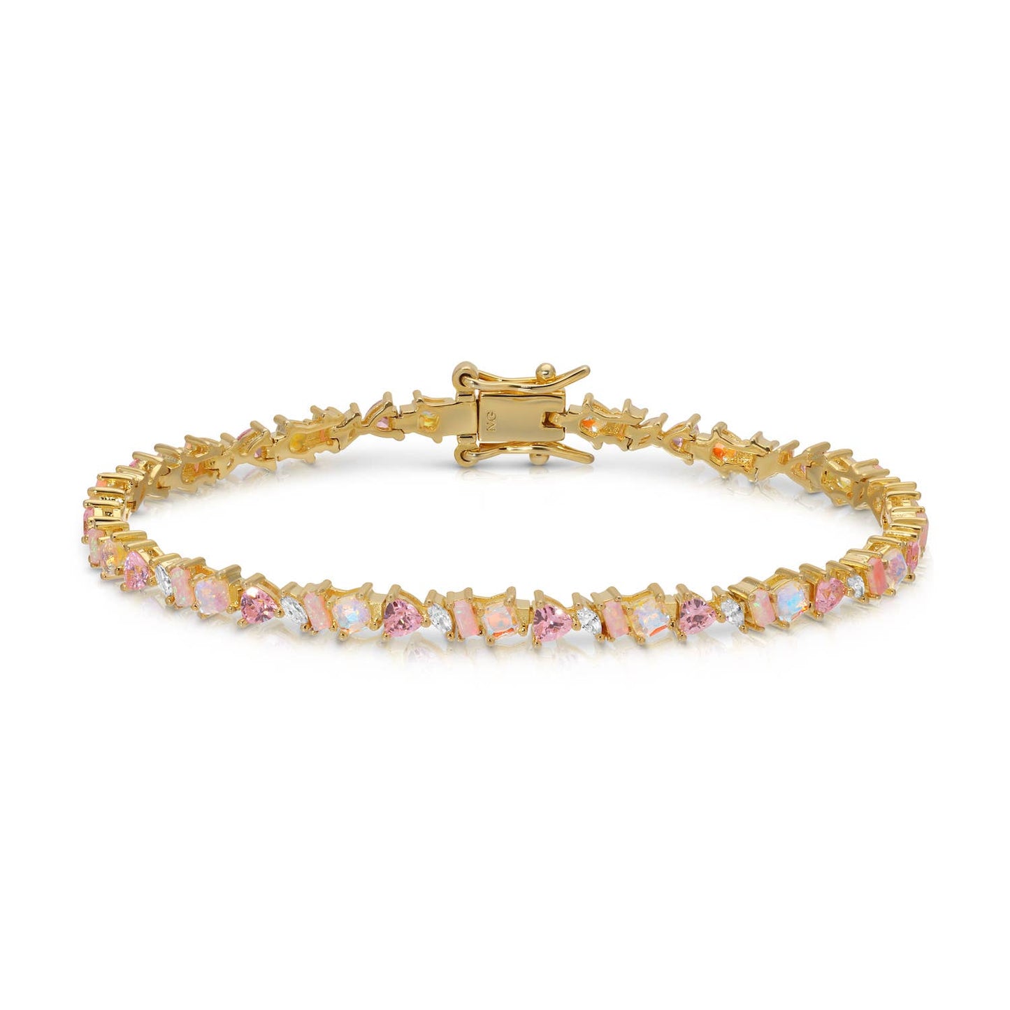 Gold bracelet with pink gemstones on a white background