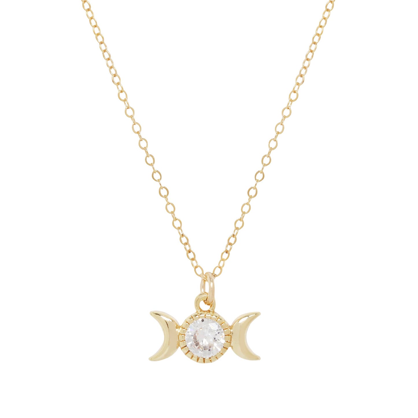 Gold necklace with a central crystal pendant on a white background