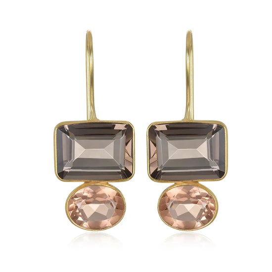 gold drop earrings with an emerald cut smokey quartz and an oval champagne quartz on a white background