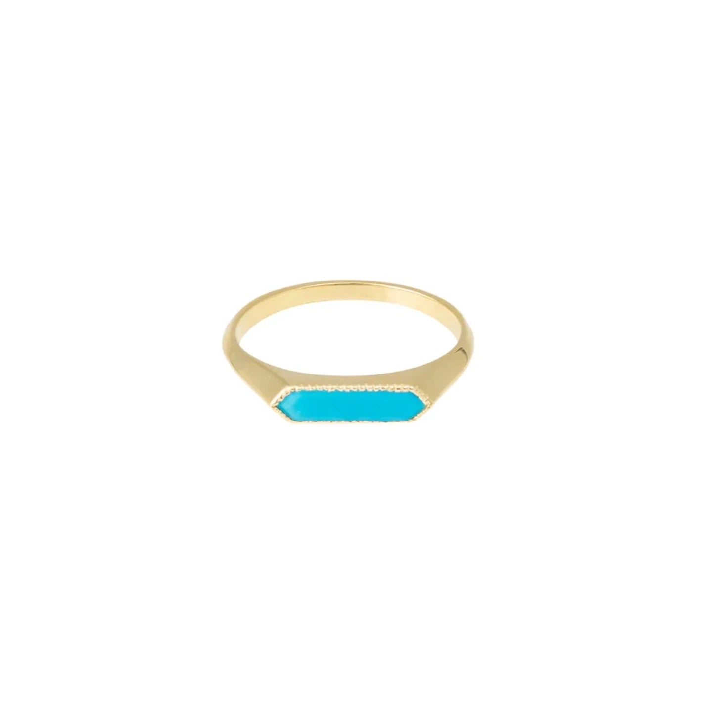 a gold bar ring with an elongated hexagon turquoise on a white background