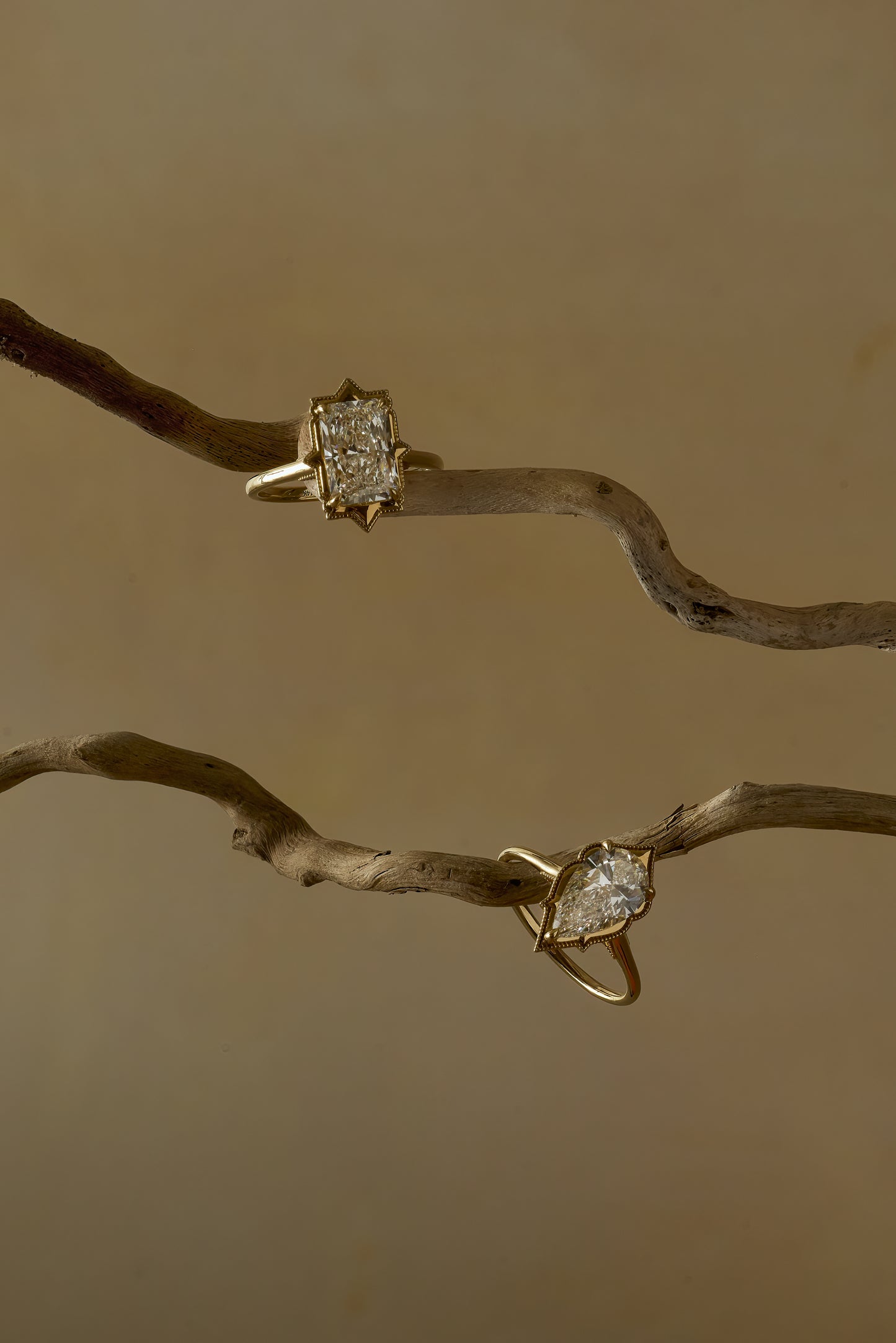 Two gold rings with white diamonds displayed on rustic branches against a warm beige background.