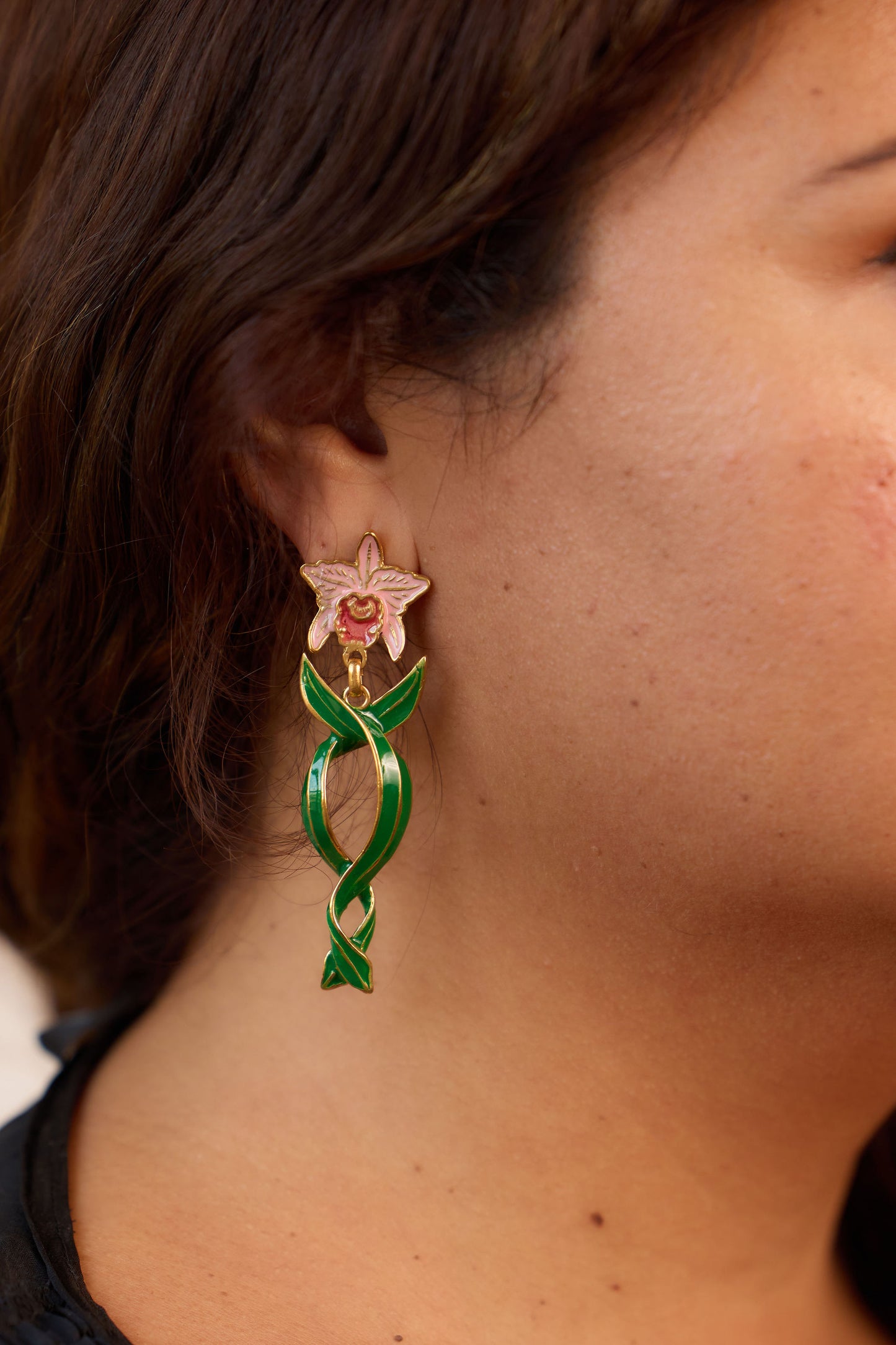 enamel flower earrings on model