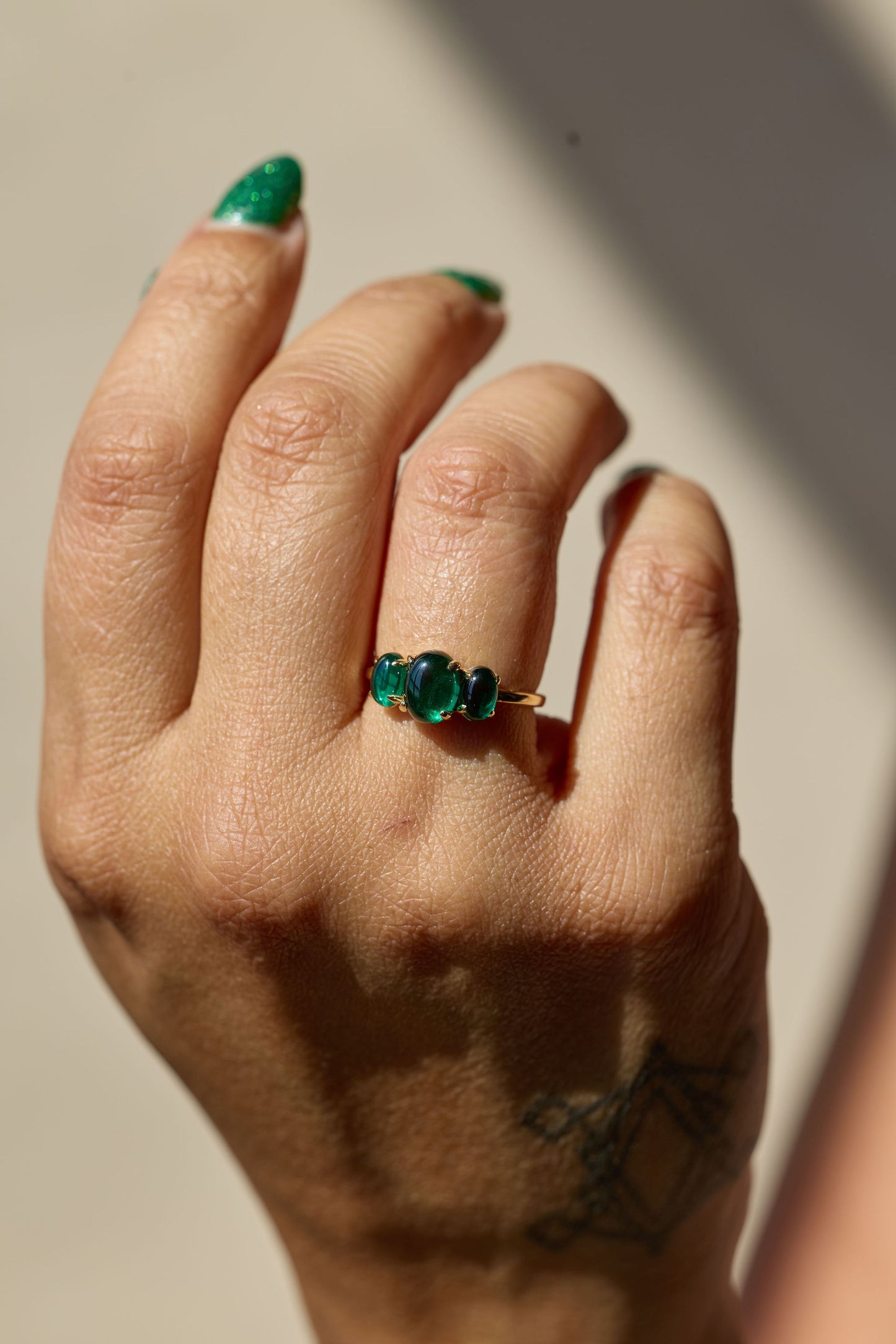14K Yellow Gold Lab-Grown Emerald Cabochon Ring
