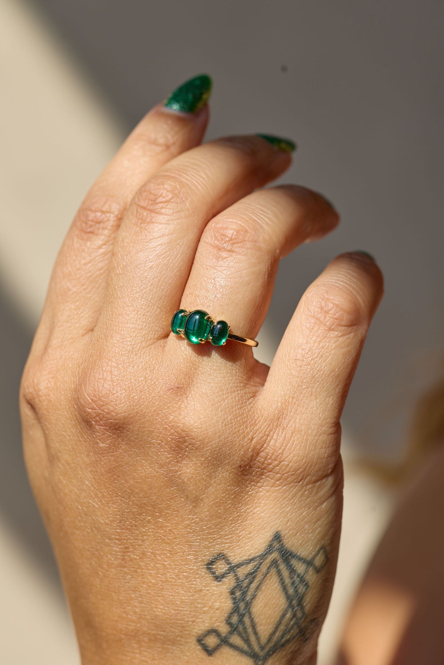 14K Yellow Gold Lab-Grown Emerald Cabochon Ring