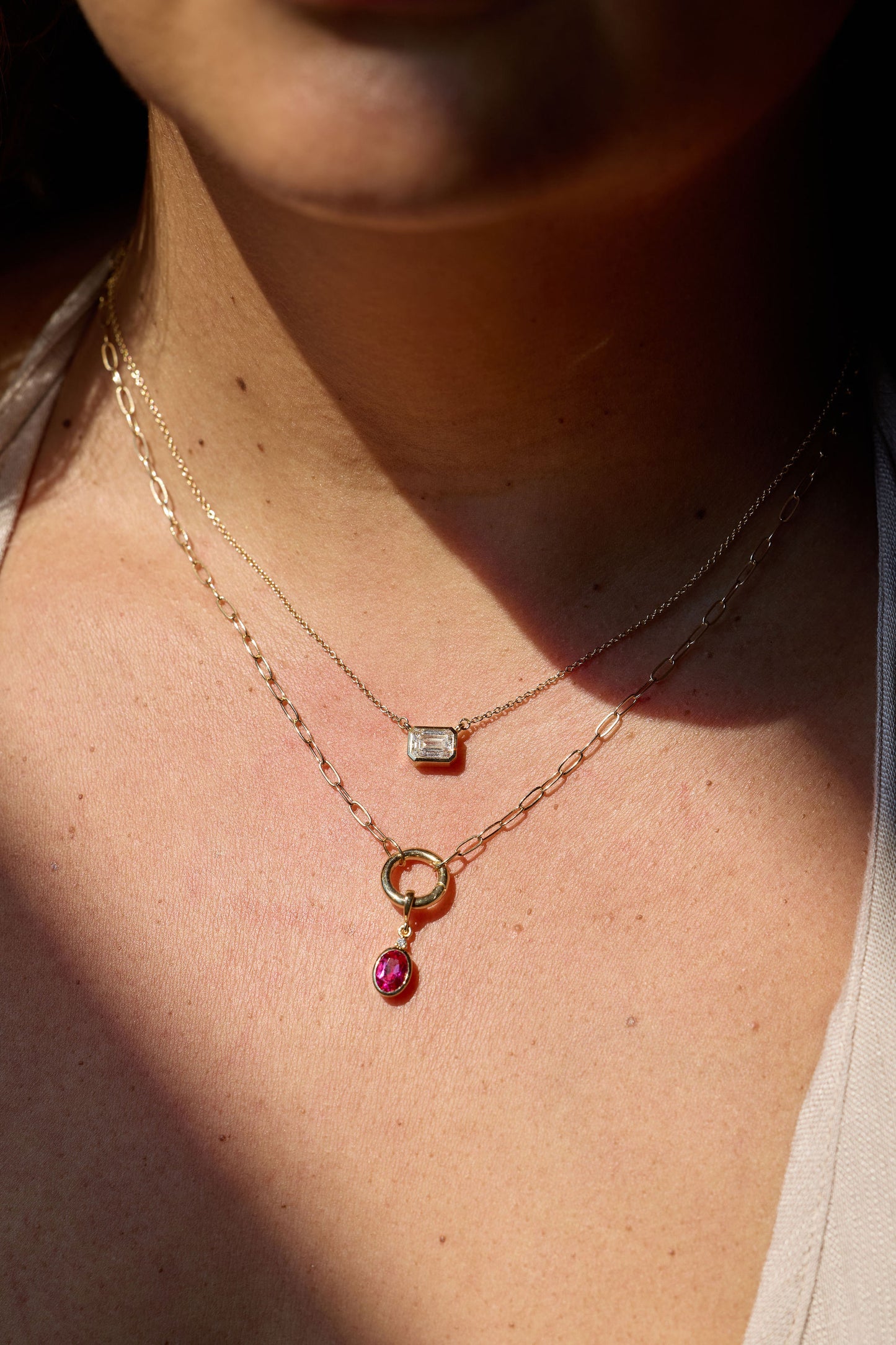 East West Emerald Cut Lab Diamond Bezel Necklace