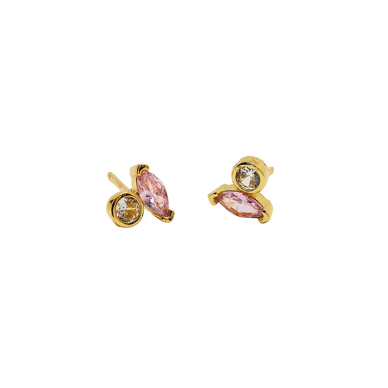 Pair of gold earrings with pink gemstones on a white background