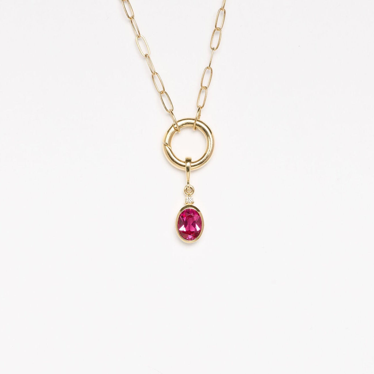 Gold necklace with a red gemstone pendant on a white background