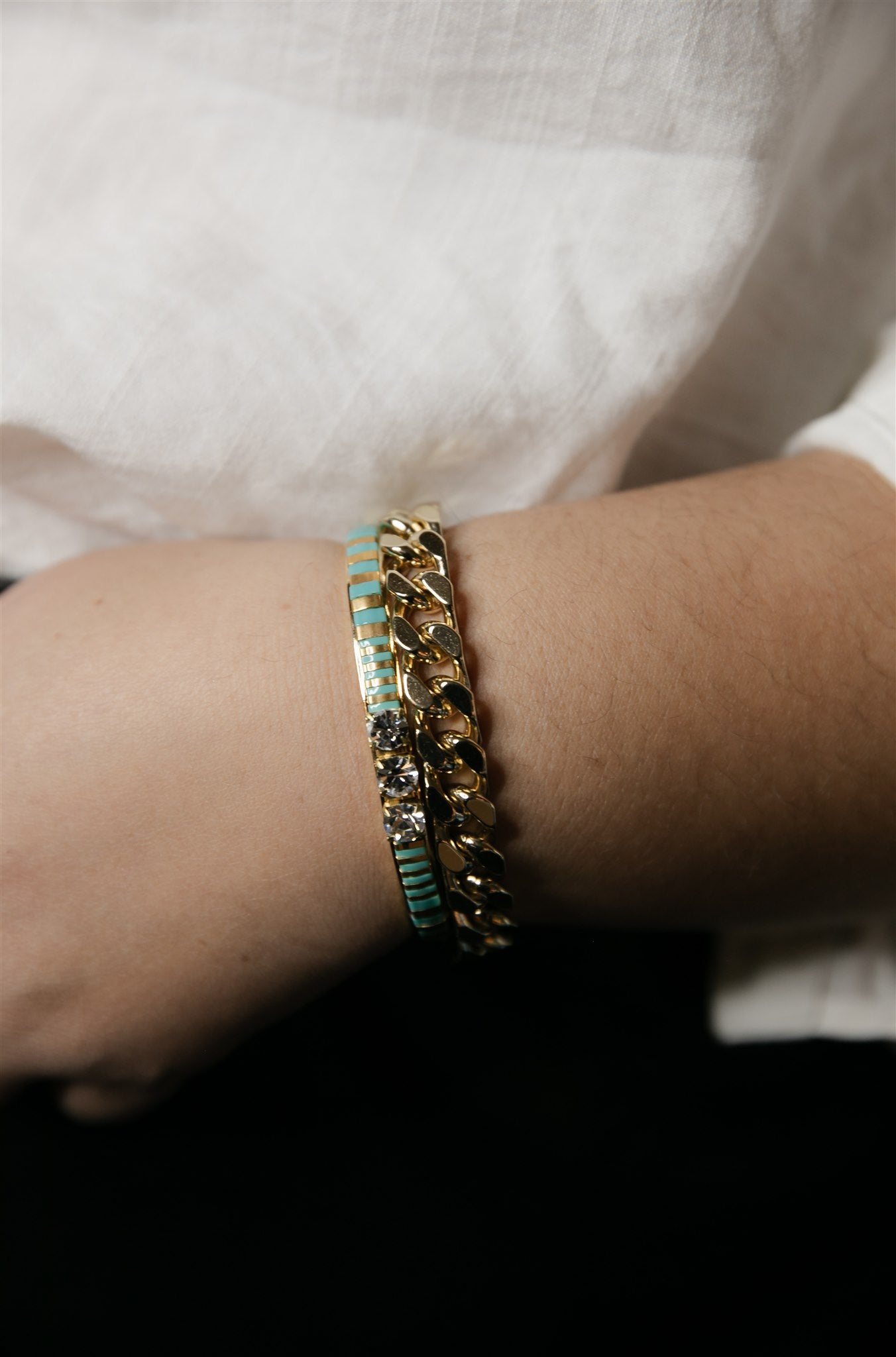 crystal cuff in turquoise on model