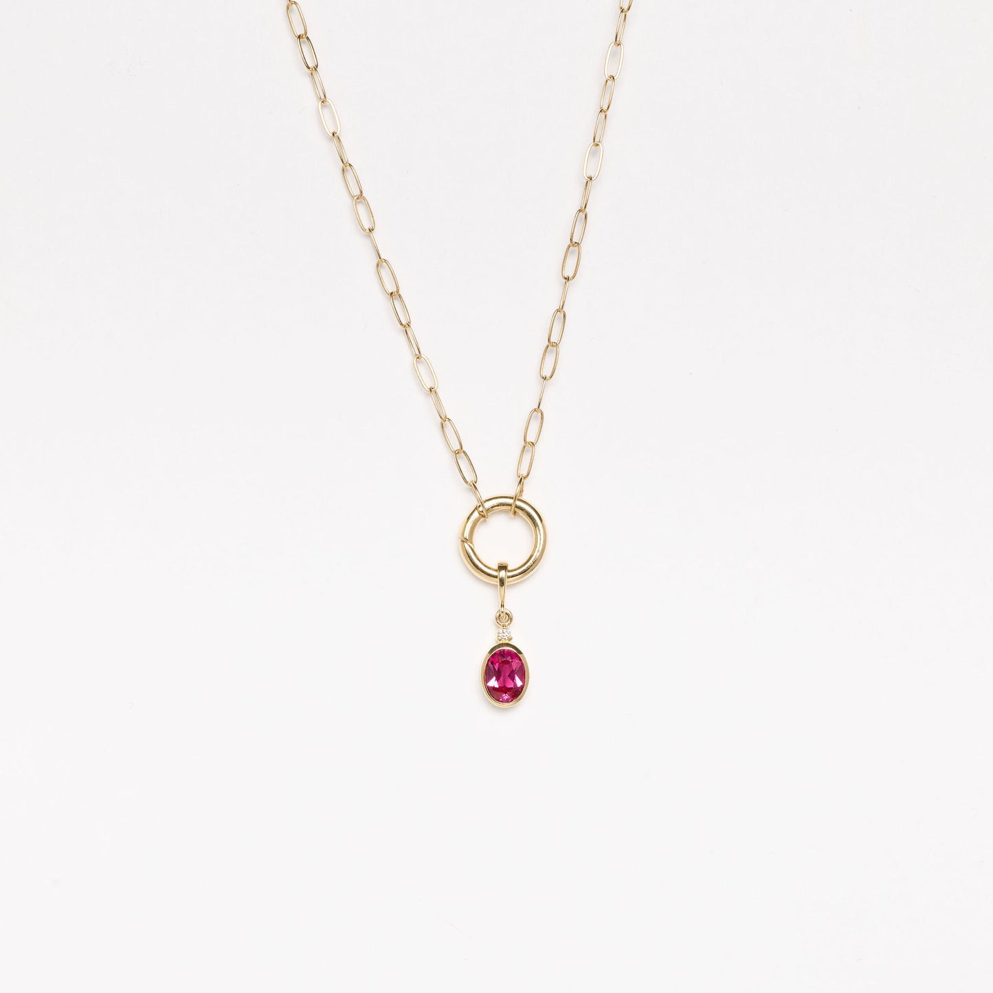 Gold necklace with a red gemstone pendant on a white background